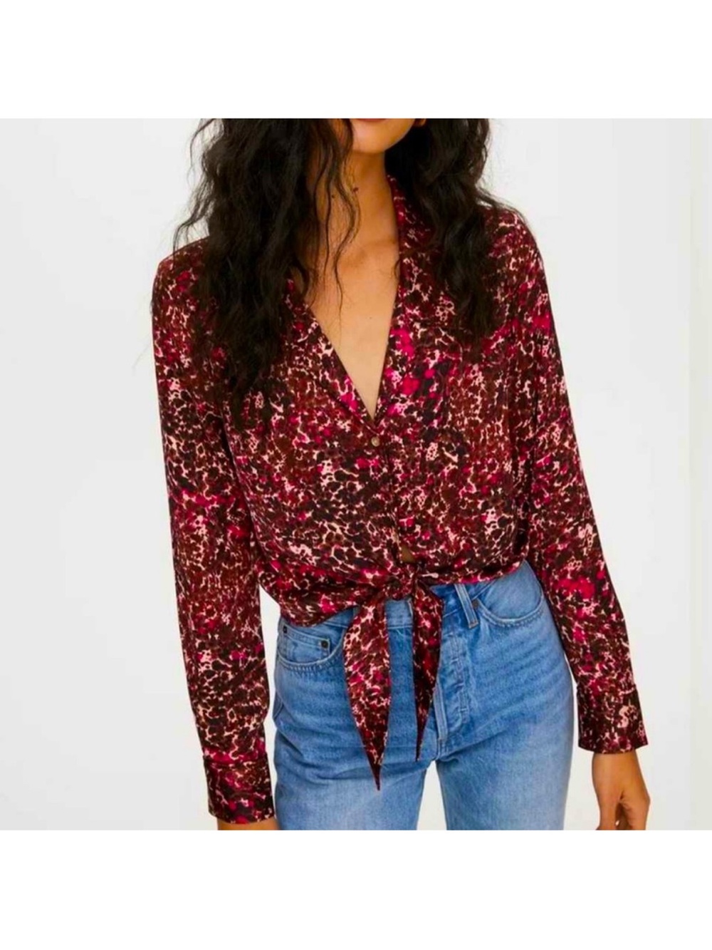 Wilfred Aritzia Silky Tie Front Button Down Abstract Brown Fuschia Blouse Small